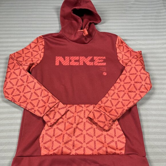 Nike Therma-FIT Hoodie Mens Medium Red Maroon Pullover Logo Kangaroo Zip Pocket - Picture 1 of 8